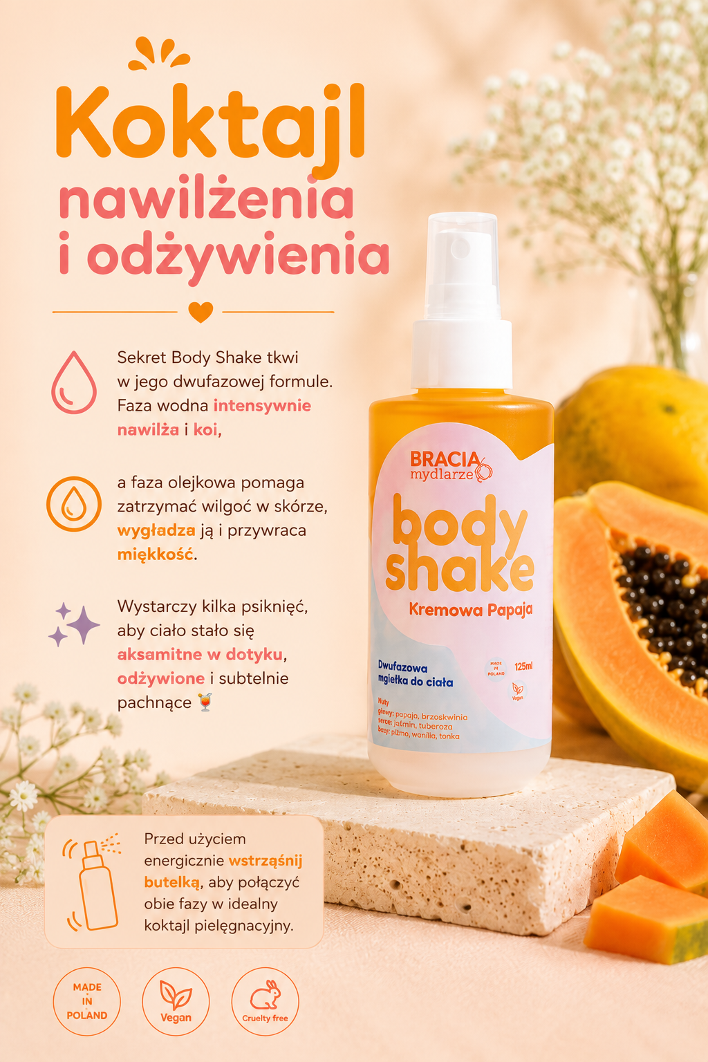 BODY SHAKE KREMOWA PAPAJA - DWUFAZOWA MGIEŁKA DO CIAŁA 125ml - obrazek 3