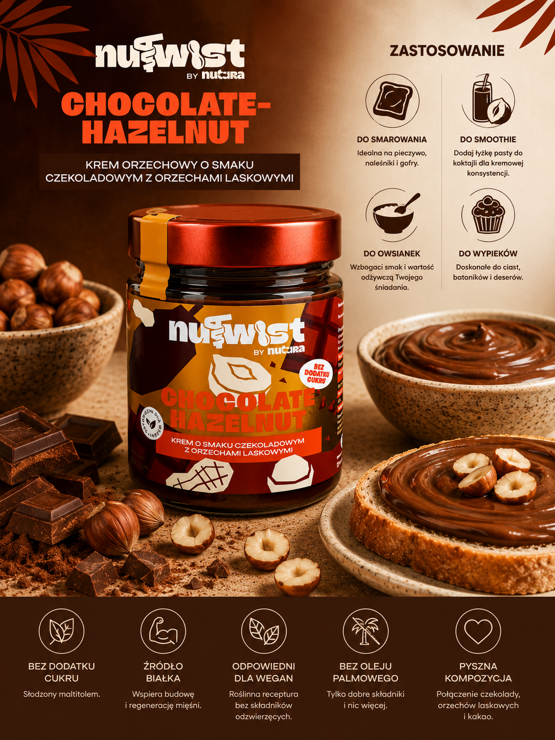CHOCO-HAZELNUT KREM ORZECHOWY O SMAKU CZEKOLADOWYM Z ORZECHAMI LASKOWYMI 250g - obrazek 2